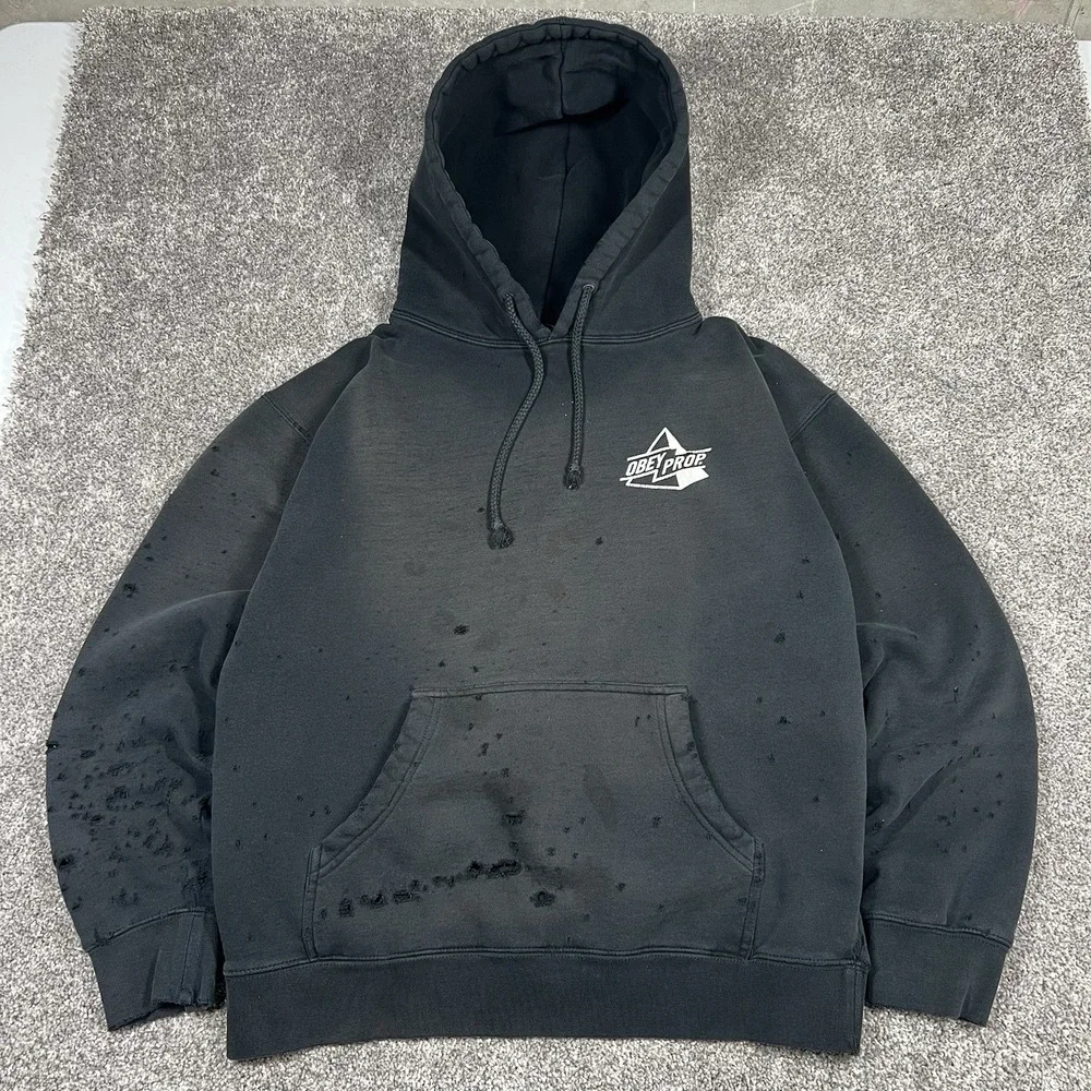 Vintage 90s Faded Black Distressed Thrashed Hoodie Mens Medium Skate Surf Obey
